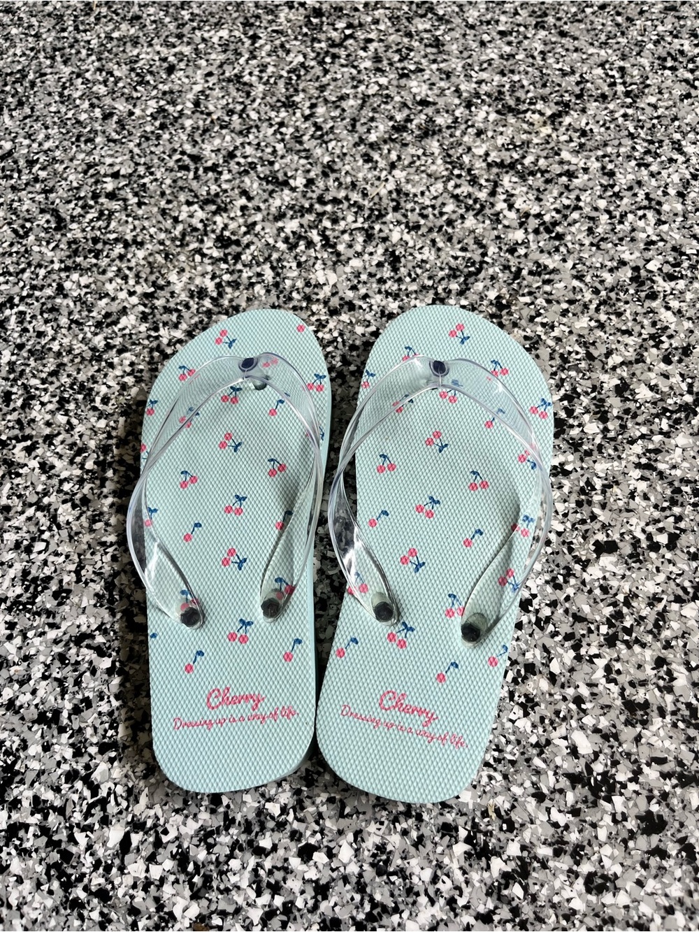 Cherry-Print Mint Flip Flops with Clear Straps